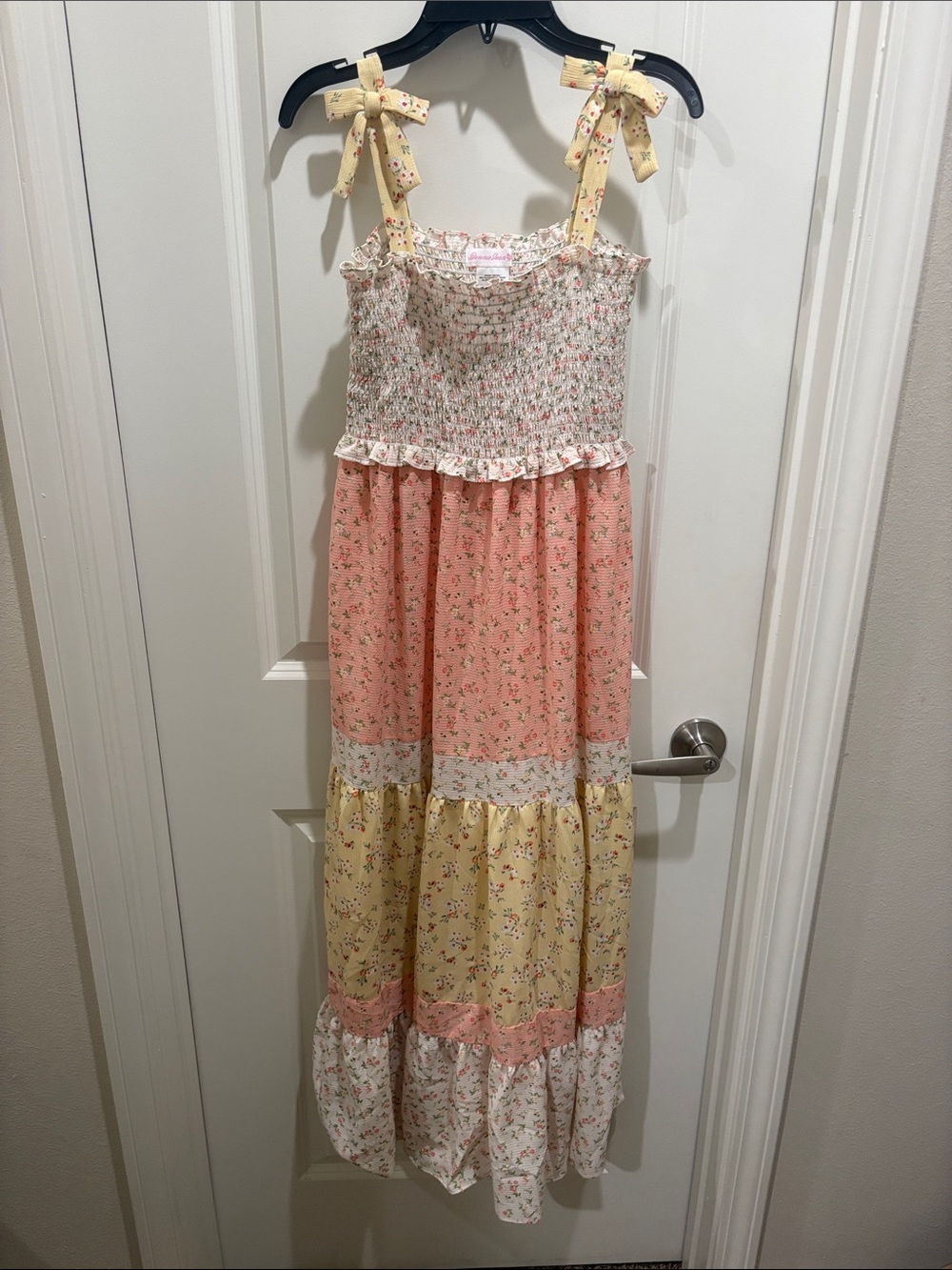 Bonnie Jean Pink & Yellow Floral Tiered Smocked Maxi Dress - size 16